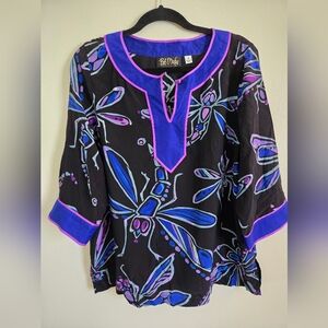 Bob Mackie Womens Silk Tunic Sz M Purple Blue Dragonfly 3/4 Sleeve Wearable Art